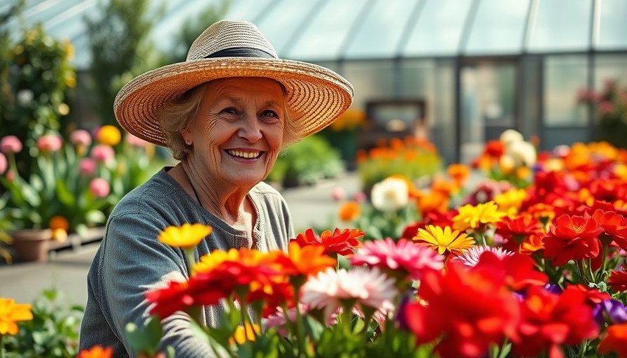 Elderly woman gardening with vibrant flowers in a lush setting.