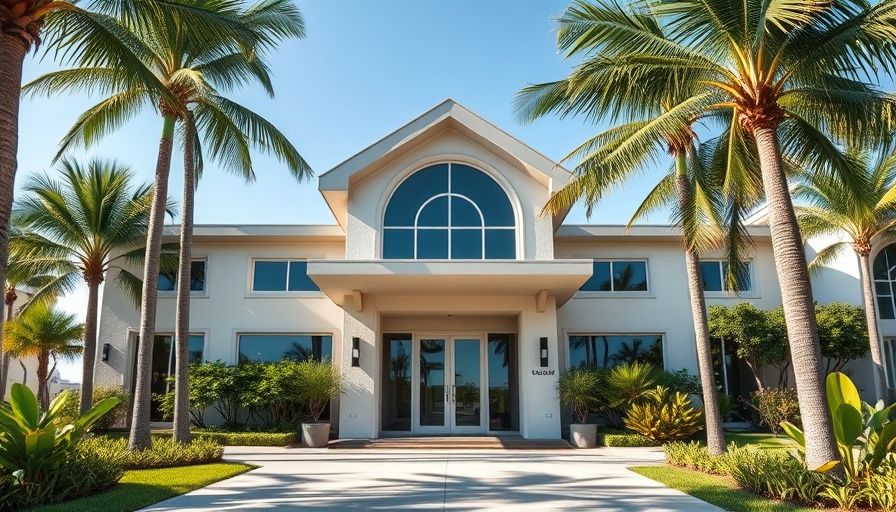 Modern wellness center, alternative health care examples Muskegon, palm trees, daytime.