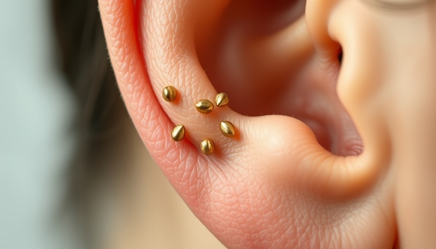 Close-up of ear seeds applied for health benefits.