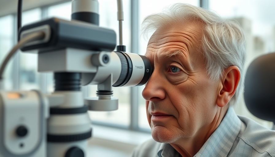 Elderly man undergoing eye exam, focused, using medical device in clinic.