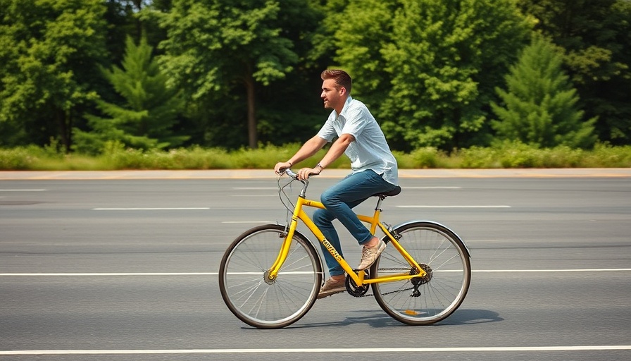Man on yellow bicycle in open area with greenery.