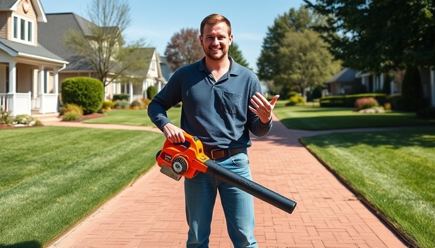Man holding Husqvarna 40V battery-powered leaf blower in suburban setting.