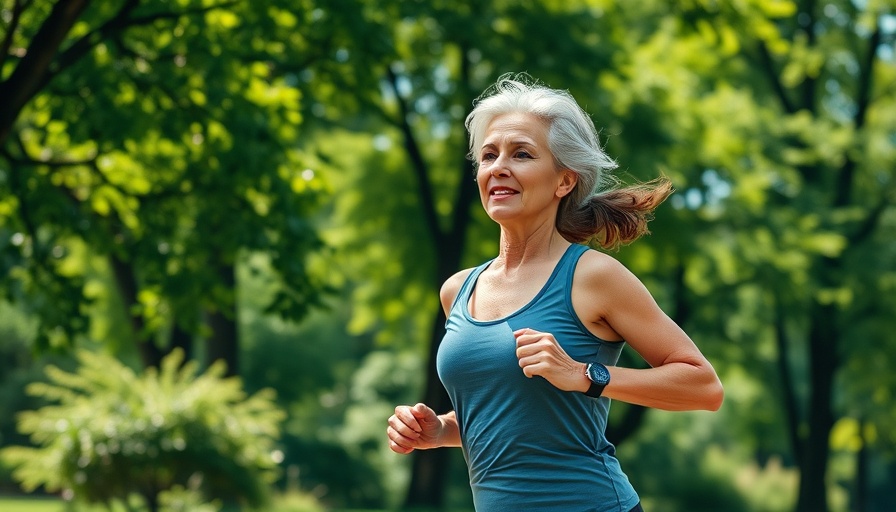 Senior woman jogging in park, promoting healthy living in Muskegon.