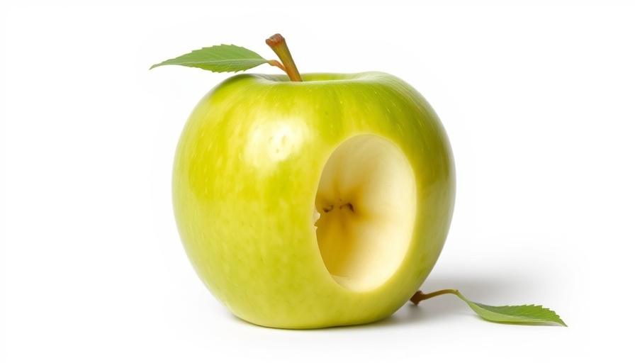 Green apple bitten on white background, symbolizing Apple iPhone 17 stock drop.