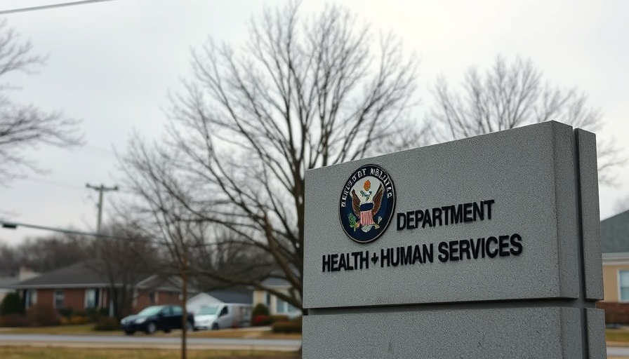 Department of Health and Human Services sign with emblem amid trees.
