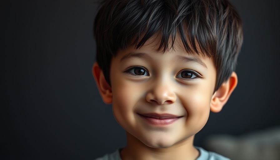 Young boy smiling with dark background in soft lighting.
