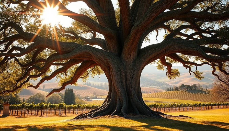 Ancient tree in vineyard at sunset highlighting heartwood of trees
