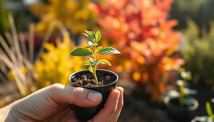 Hand holding a young plant in pot, fall propagation techniques for gardening.