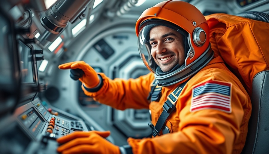 Astronaut in spacecraft calculating risk, wearing orange suit