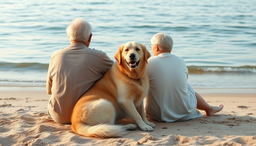 Elderly couple with golden retriever on beach - support for elderly pet owners.