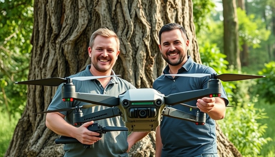 AI chainsaw drones displayed by two men in a park, revolutionizing arborist jobs.