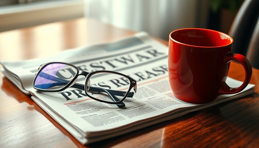 Press release and red coffee cup on a wooden desk.