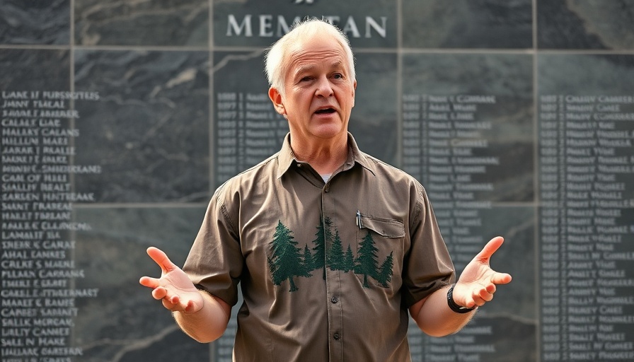 Montana tree-care veterans event participant at memorial backdrop.