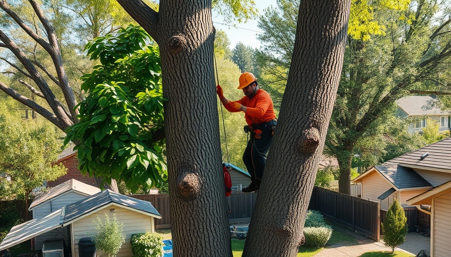 A & Y Tree Services Lansdale worker trimming a tall tree in a backyard.