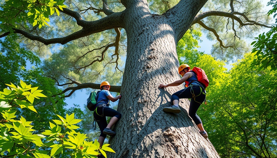 Tree climbing at the Tree Climbing Academy 2025, lush greenery, bright day.