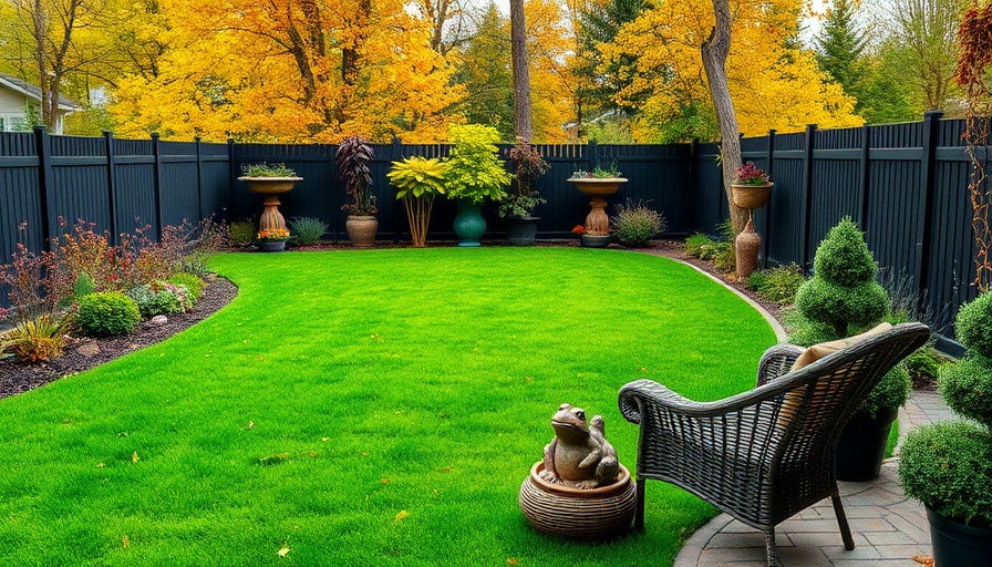 Lush autumn lawn in Shelby MI with black fences and plants.