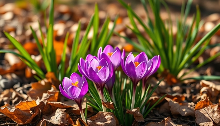 Vibrant purple autumn crocuses blooming in a lush garden