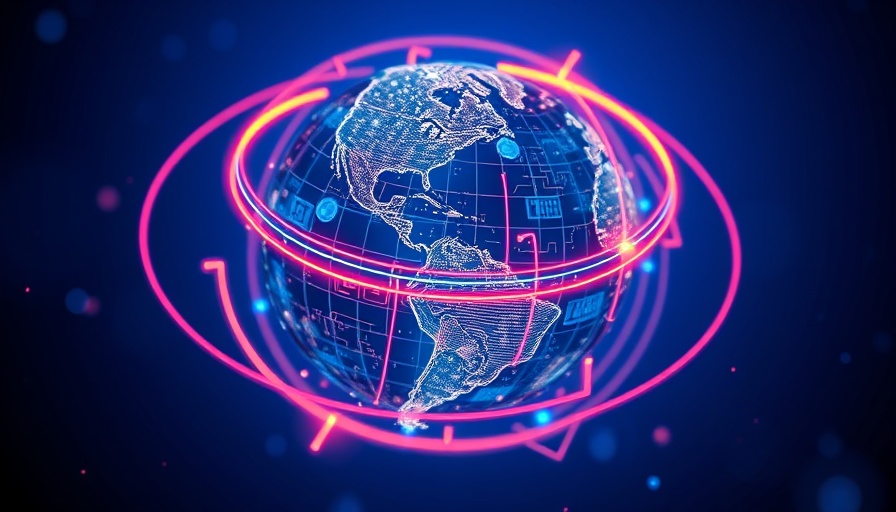 Futuristic globe with digital circuits and neon orbits, blue background.