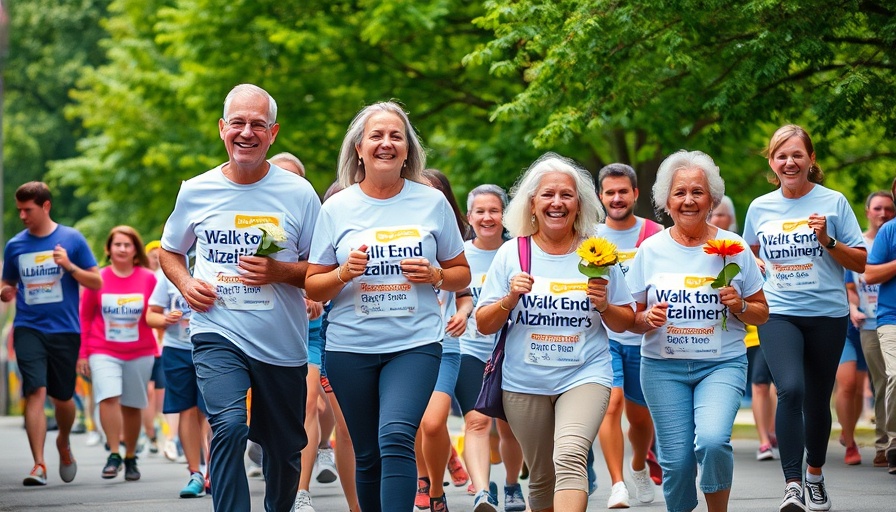 Participants crossing a finish line at the Walk to End Alzheimer’s, smiling.
