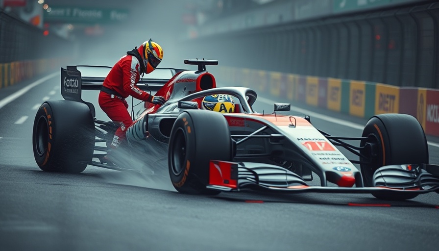 Formula 1 crash scene, driver checks car damage at racing event.