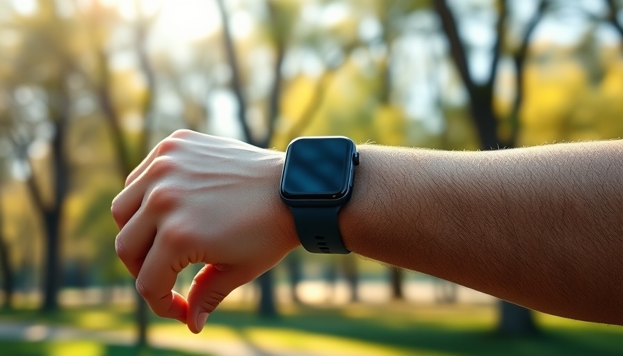 Athlete adjusting smartwatch in park, wearable medical devices Muskegon focus.