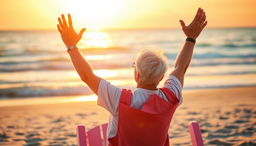 AI-enhanced retirement planning concept with elderly man on a beach.