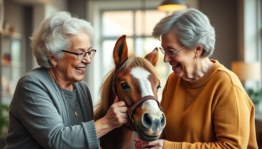 Elderly women enjoying equine therapy with a small horse indoors.