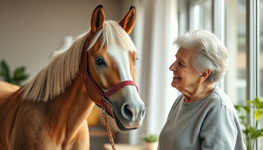 Senior women engaging with therapy horse for equine therapy in a care facility.