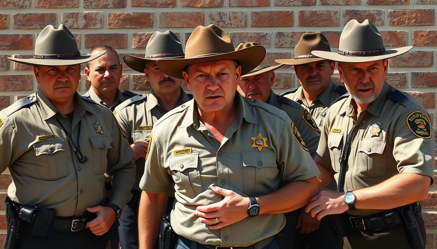 Sheriff officers in action by a brick wall.