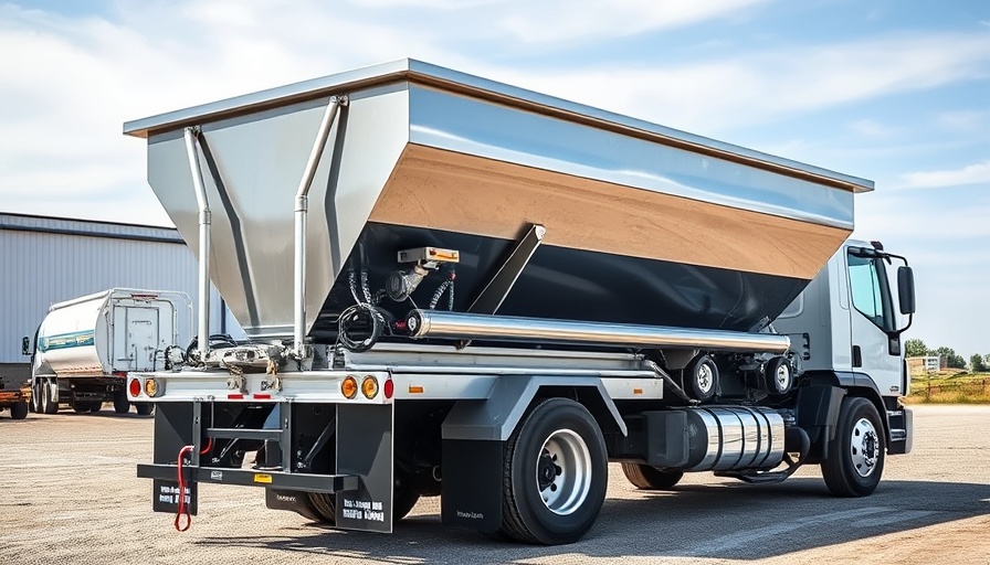 Stainless steel salt spreader on a white truck in bright light.