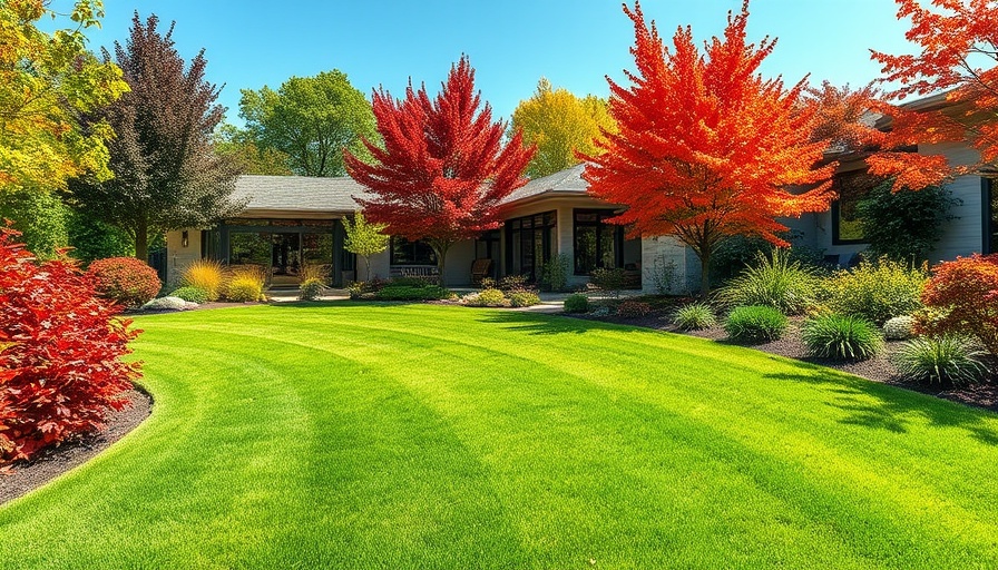 Vibrant autumn lawn care scene with colorful foliage and modern home