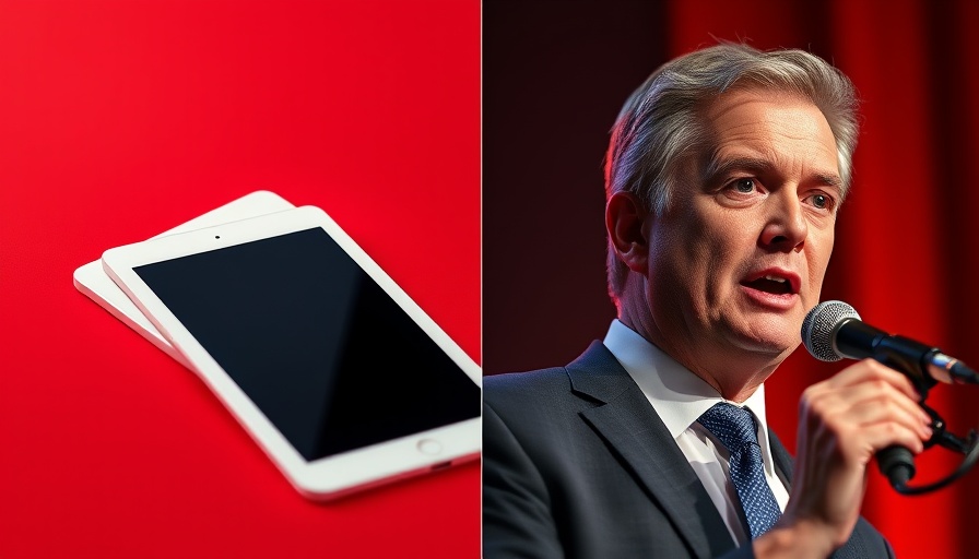 Two white tablets on red background and man at microphone, contrast scene