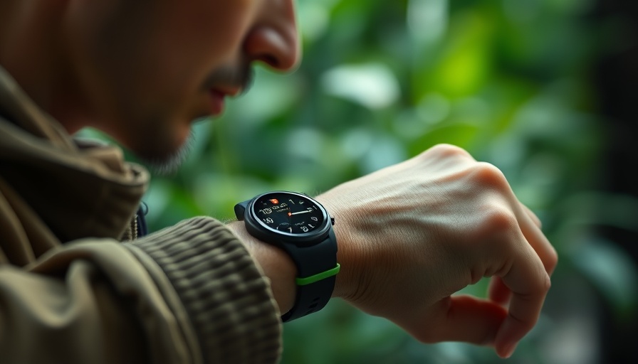 Smartwatch interaction close-up in a green-tinted setting.