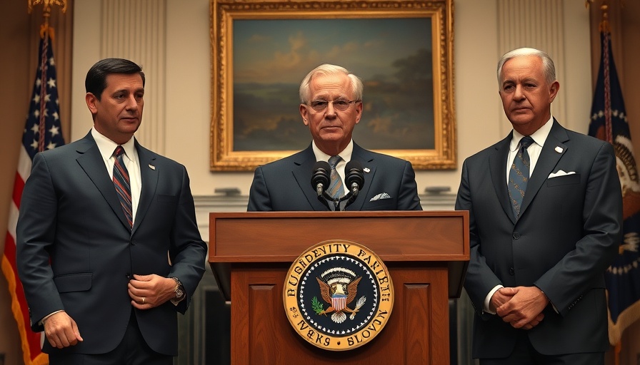 Formal political announcement with three men at presidential podium.