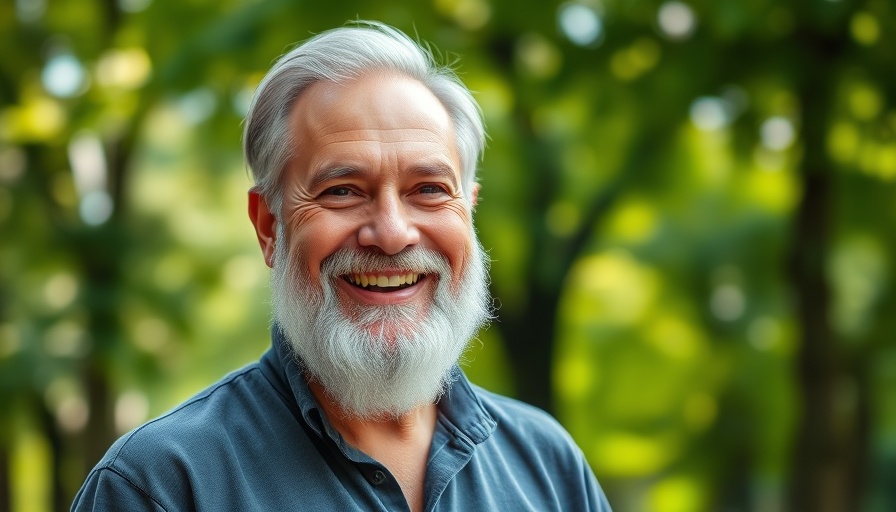 Senior man smiling warmly outdoors in a park.