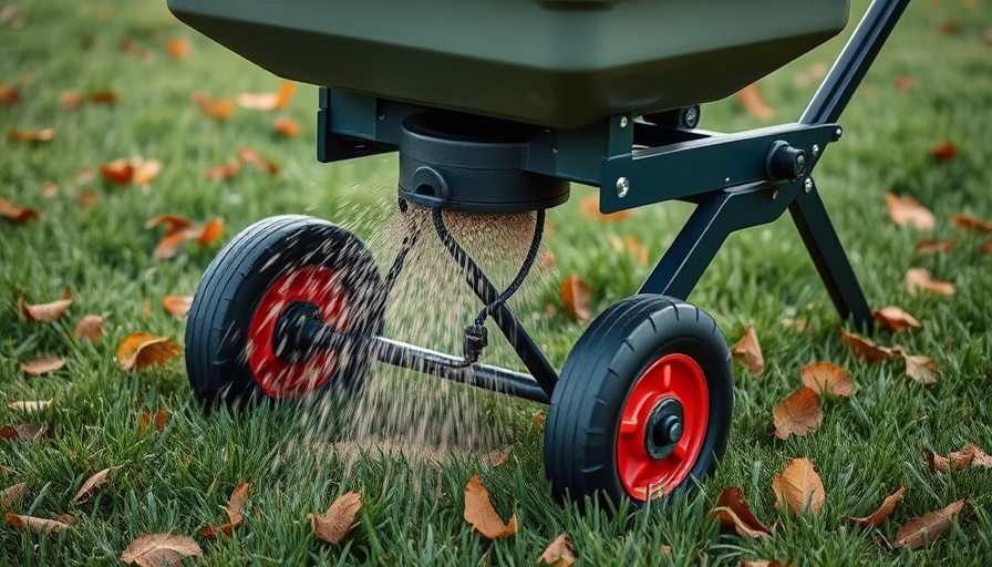 Fall fertilization benefits for lawns with close-up of spreader.