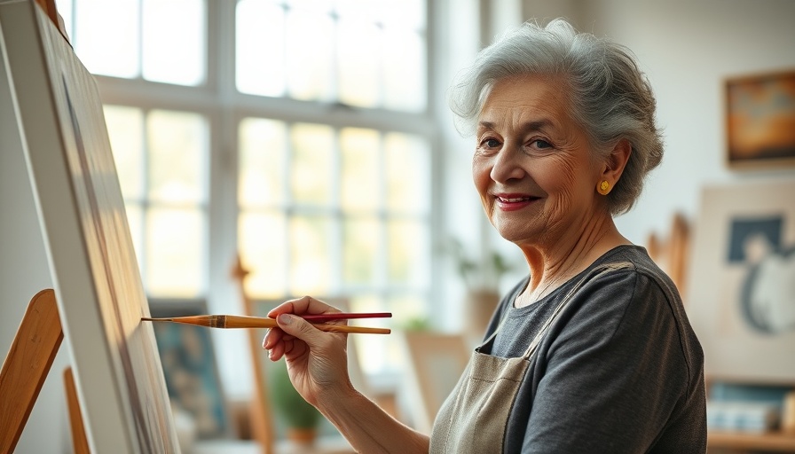 Smiling elderly woman painting in a bright art studio, crafts for older adults.