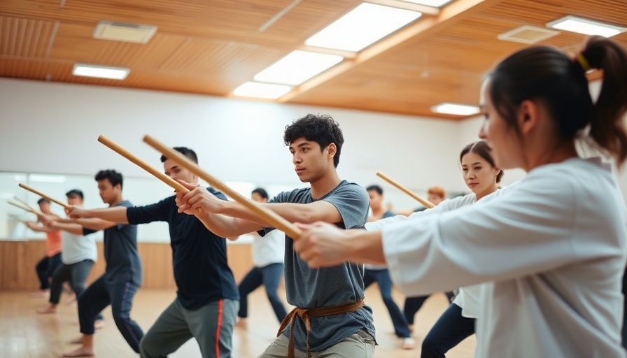 South Indian martial arts class in Kashmir with students practicing with sticks.