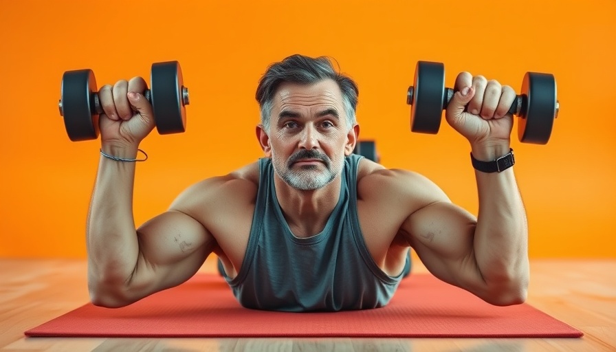 Middle-aged man doing dumbbell exercise on mat with orange background in fitness setting.