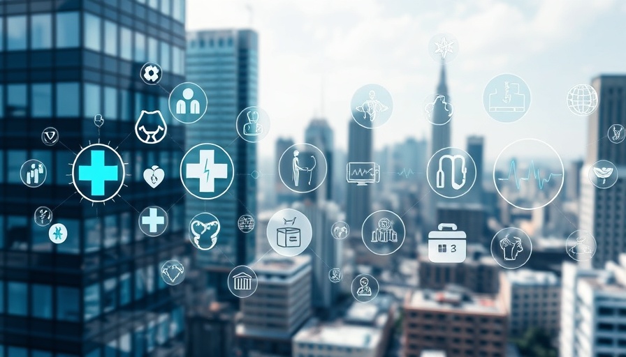 Digital healthcare overlay on cityscape for Medicare Advantage plan comparisons Muskegon.