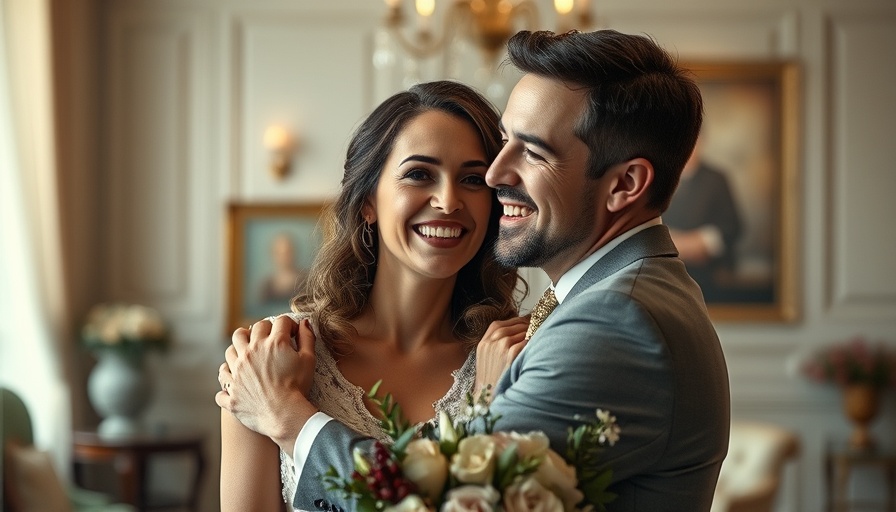 Joyful newlywed couple embracing, classic photograph.