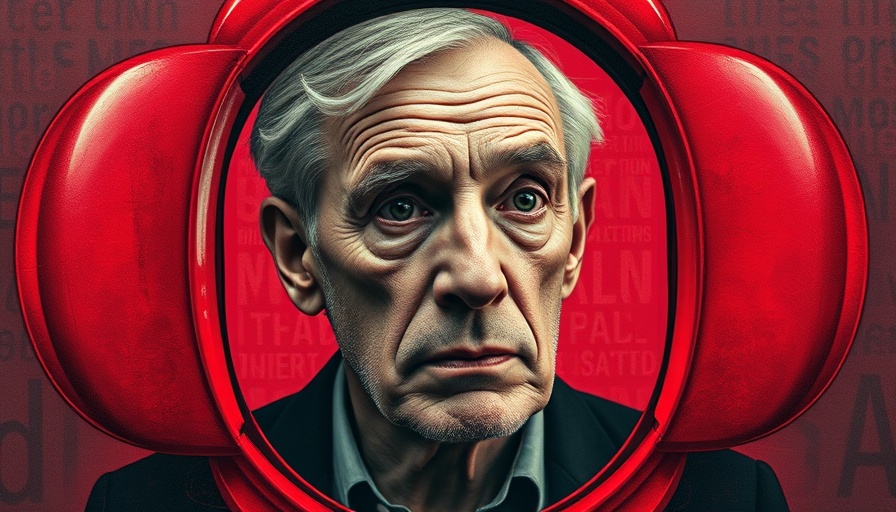 Surreal portrait of older man in pill-shaped frame, bold colors.