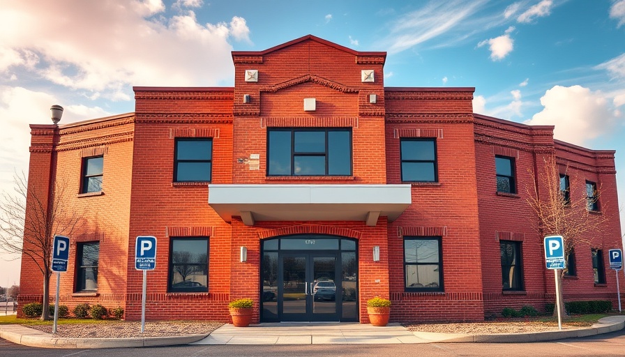 Contemporary multi-story red brick building with accessible parking in Muskegon, IL.