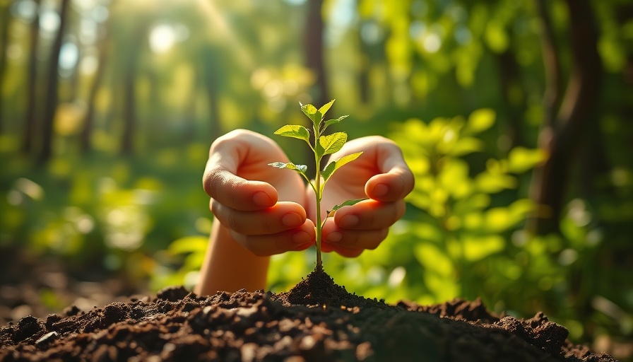 Hands nurturing young seedling in forest sunlight, Bolingbrook replacement trees.