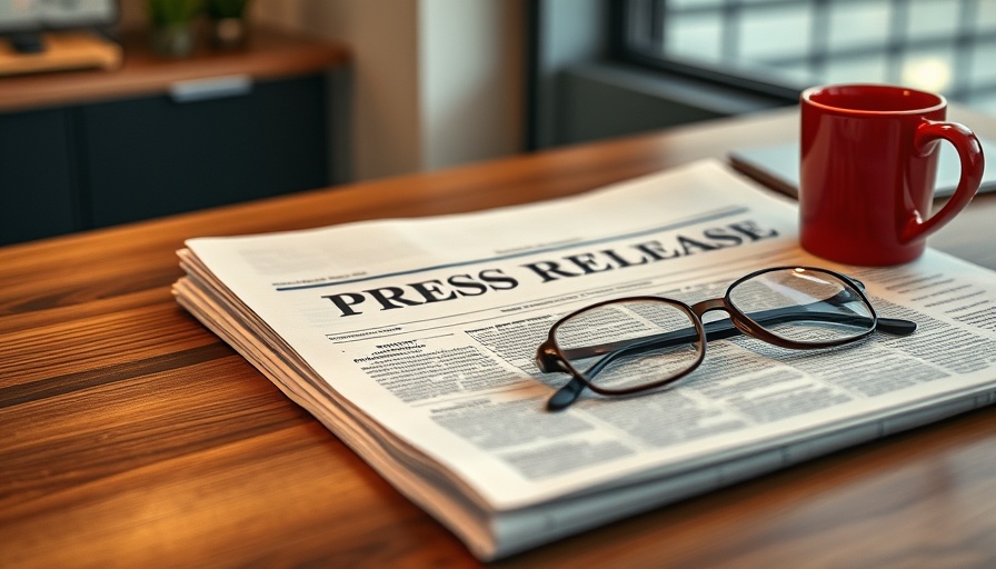 Press release next to coffee and glasses on a desk.