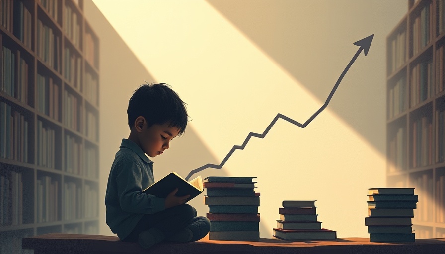 Abstract illustration of U.S. literacy decline with child, books, and graph.