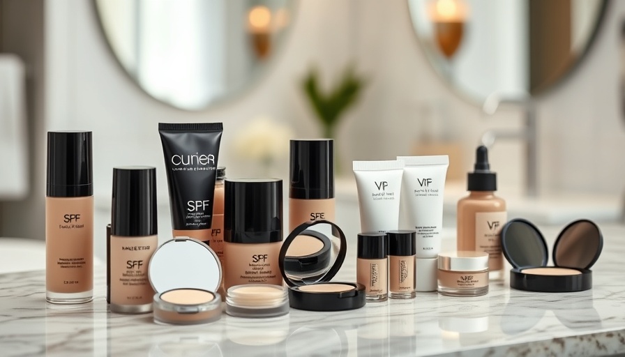 Elegant display of SPF makeup products on marble countertop.