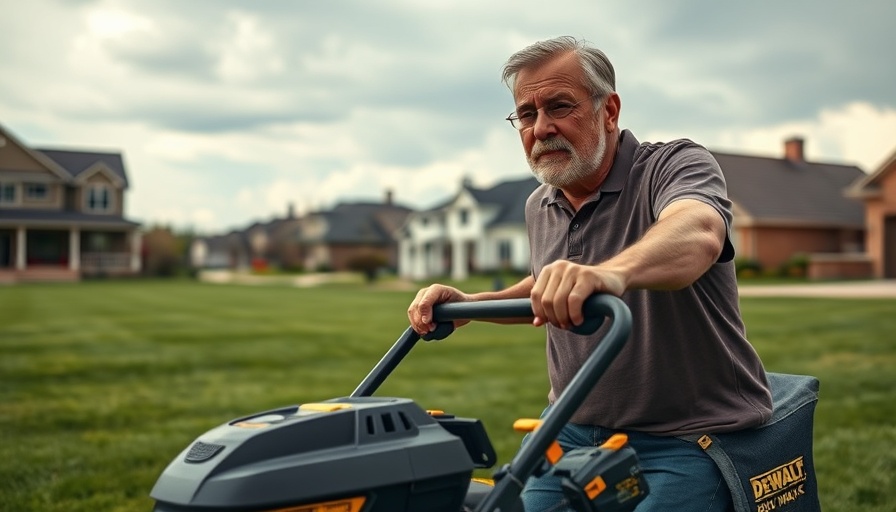Man using DeWalt 60V Max Mower on grassy lawn, overcast sky.