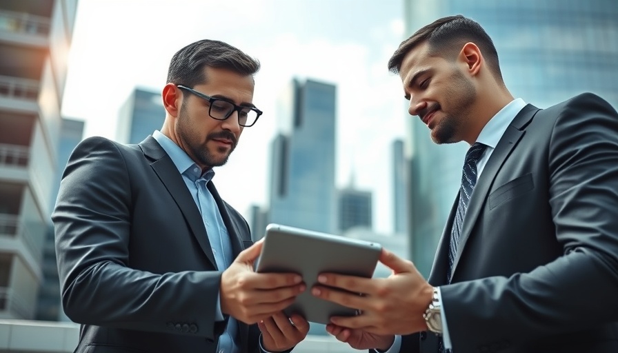 Businessmen discussing quantum computing stocks investment outdoors.