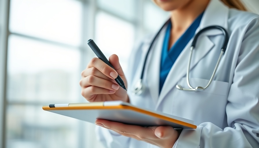 Healthcare professional writing in a well-lit office, stethoscope visible.